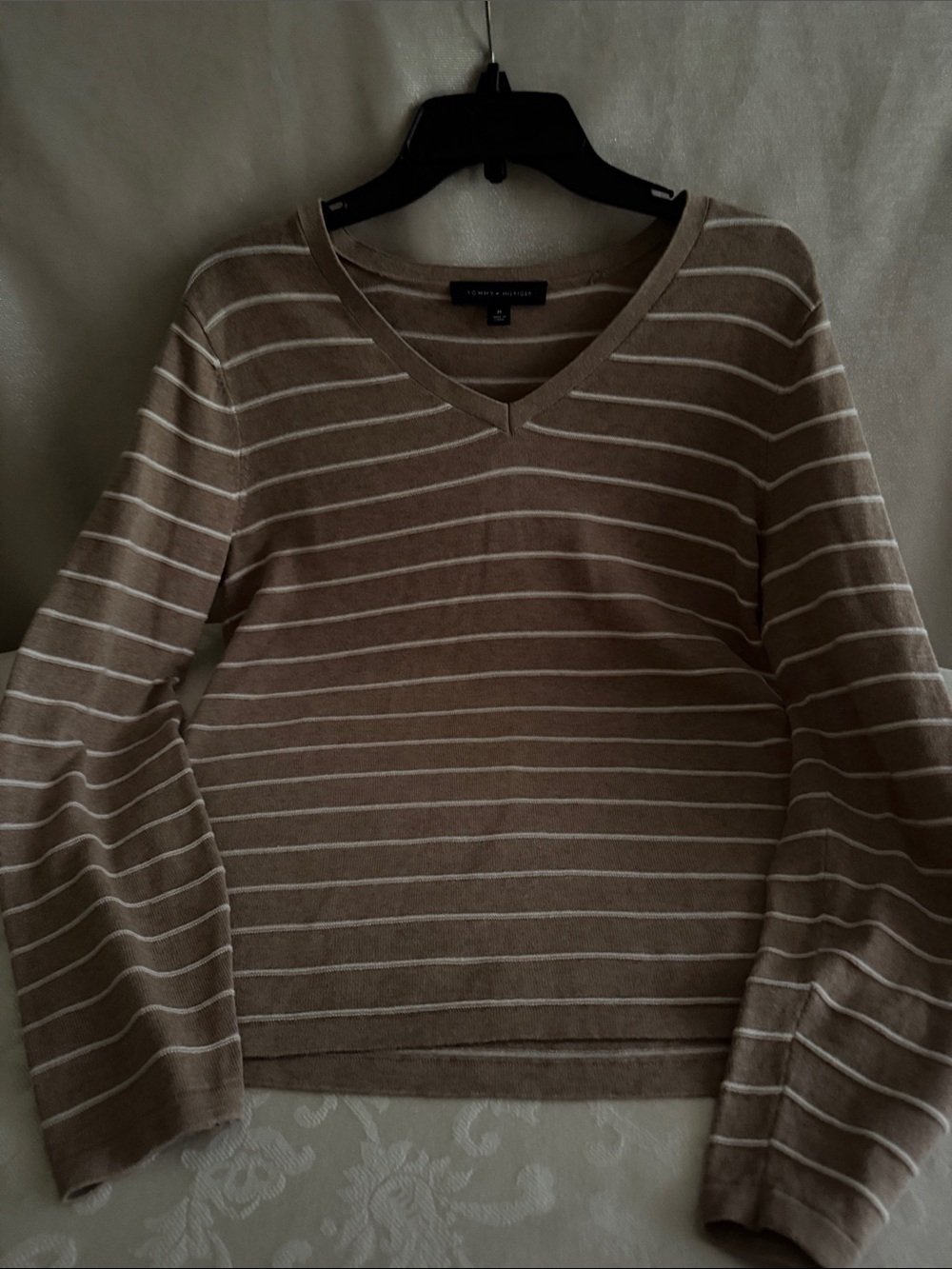 Tommy Hilfiger Beige and Cream V-Neck Long Sleeve Striped Top